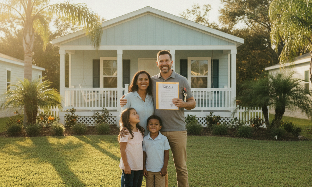 Veteran and family smiling outside their new Florida home.