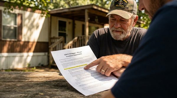 VA appraiser inspecting the exterior of a manufactured home.