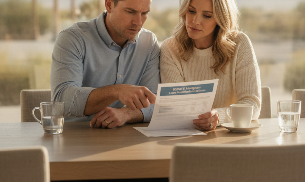 Couple in Nevada home reviewing iQRATE Mortgages options.