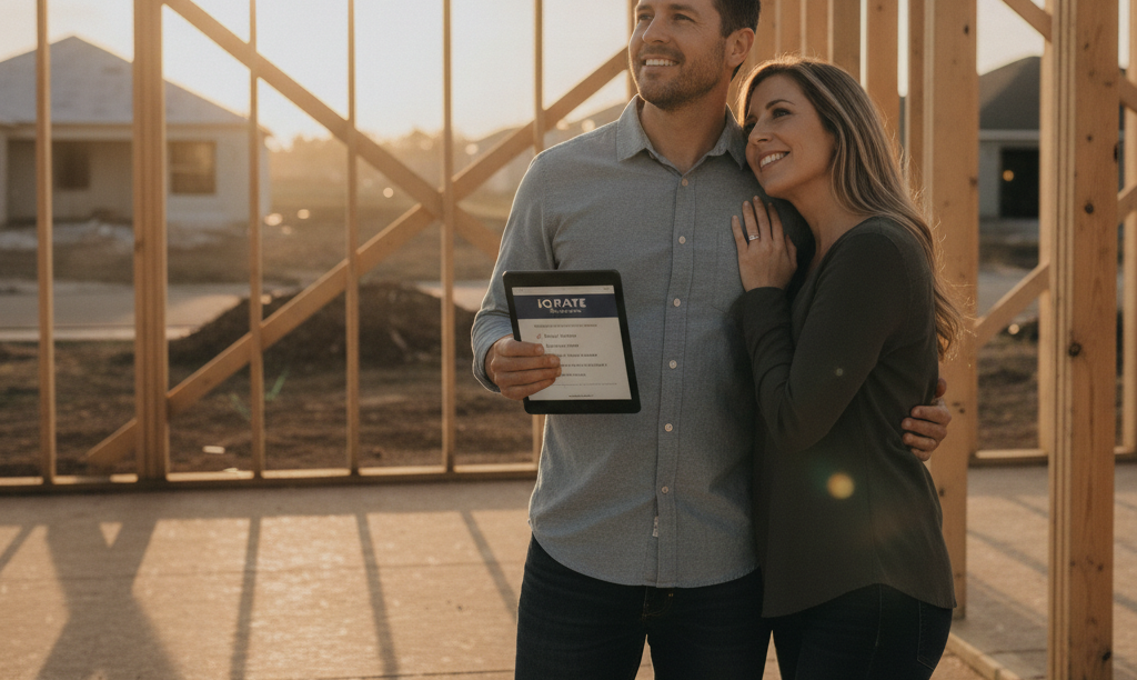 Couple reviewing iQRATE Mortgages plan in new home frame.