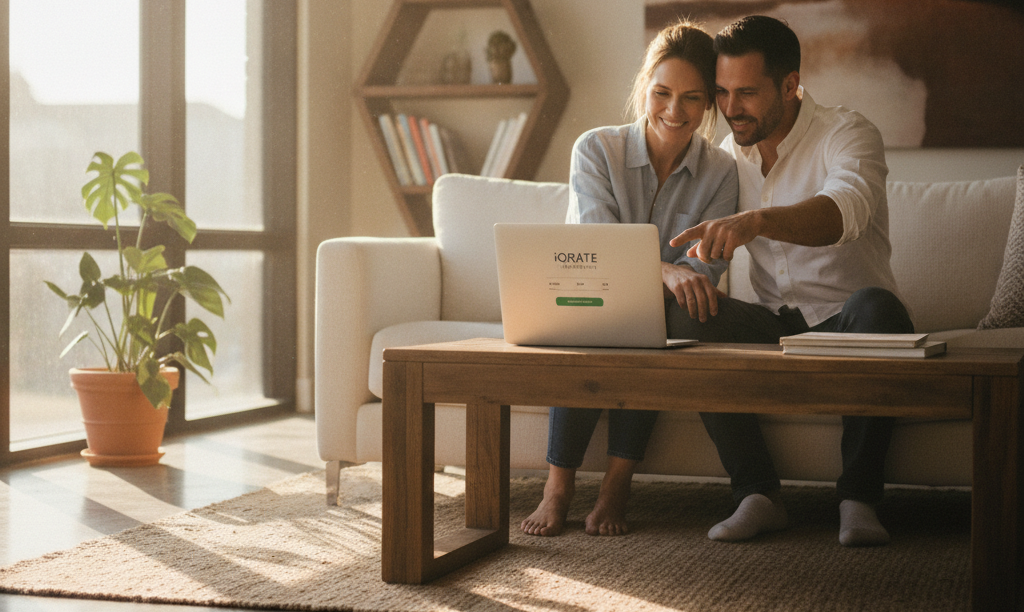A hopeful couple reviewing iQRATE Mortgages online
