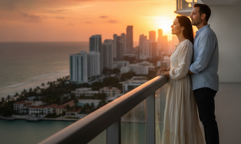 Couple on a Miami condo balcony contemplating financing.