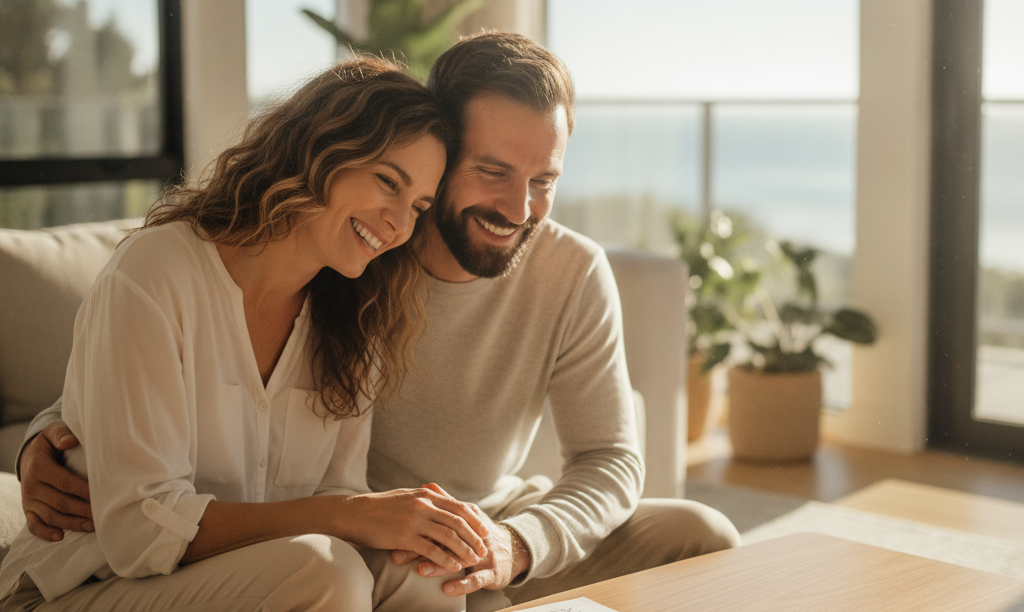 Couple smiling in a sunny California home.