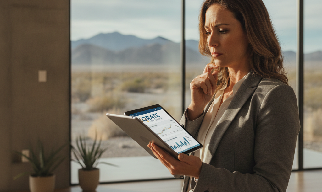 Nevada realtor reviewing investment property loans on a tablet.