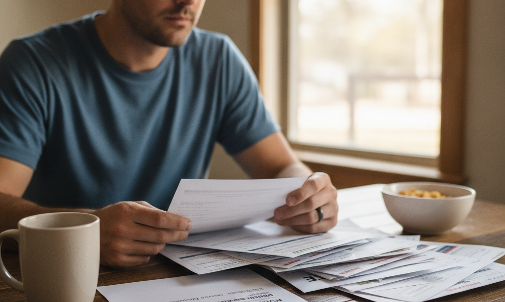 Veteran carefully reviewing VA IRRRL offers at table.