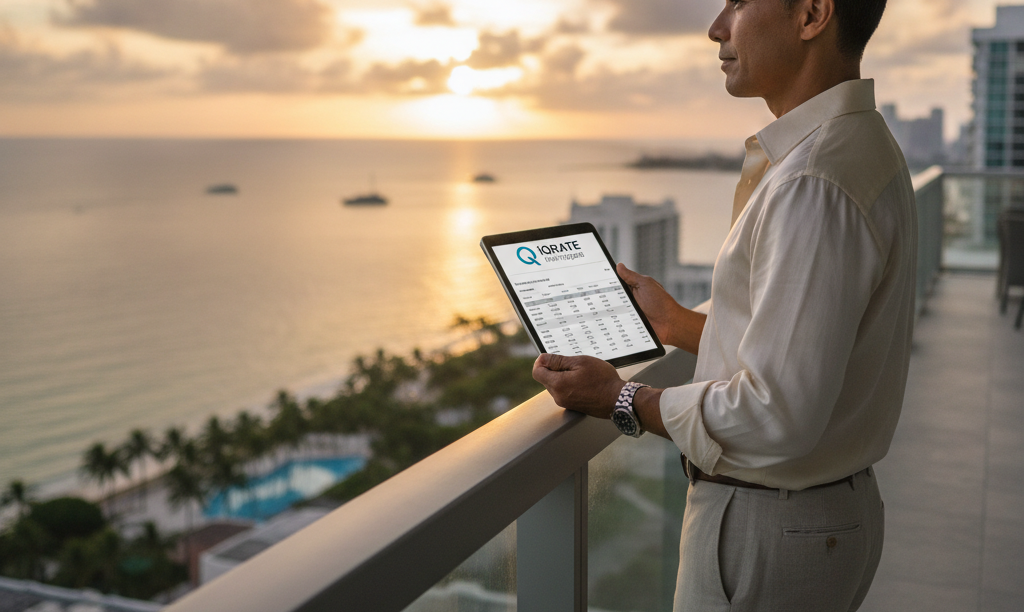 Investor on a Miami balcony reviewing iQRATE Mortgages loan.