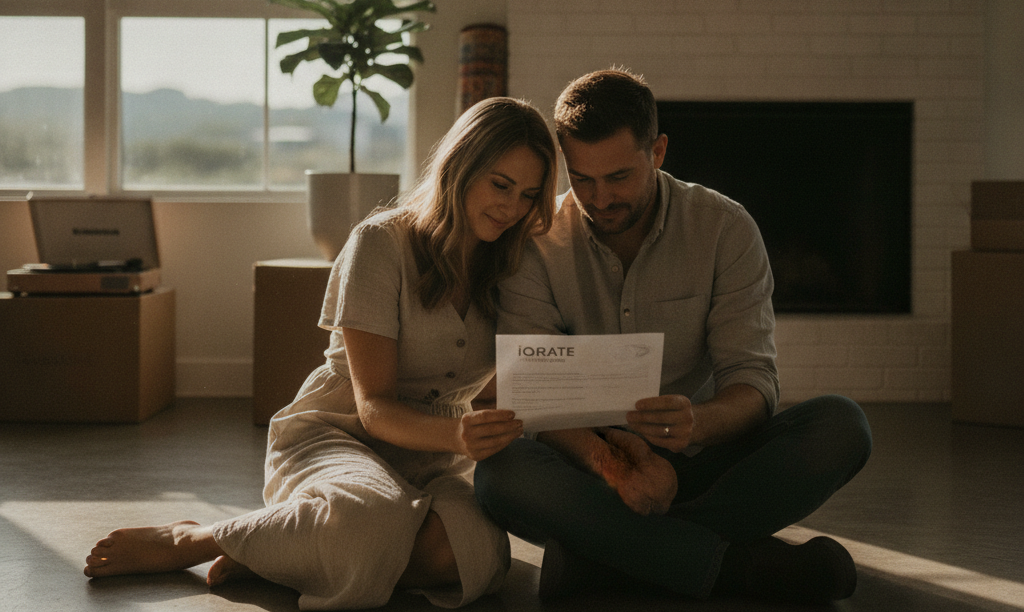 A couple feeling relieved reviewing their mortgage documents.