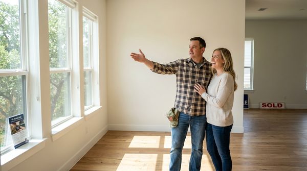 Veteran couple standing in front of their new home after restoring VA loan entitlement.