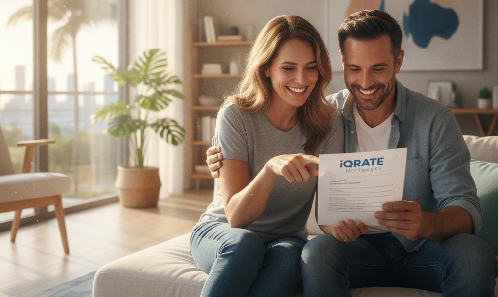 Couple reviewing better Miami mortgage options happily.