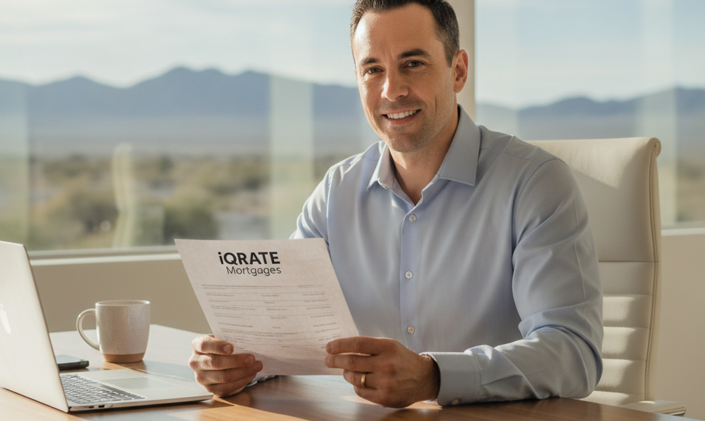 Business owner reviewing iQRATE Mortgages approval document.