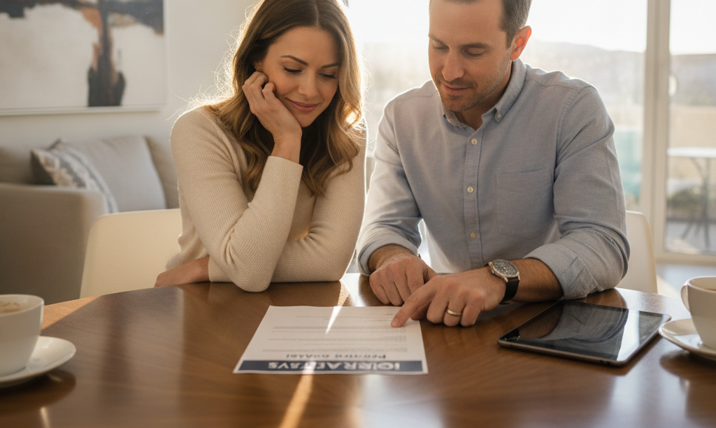 Couple relieved while reviewing iQRATE Mortgages documents.