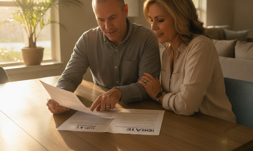 Veteran couple reviewing an iQRATE Mortgages document.