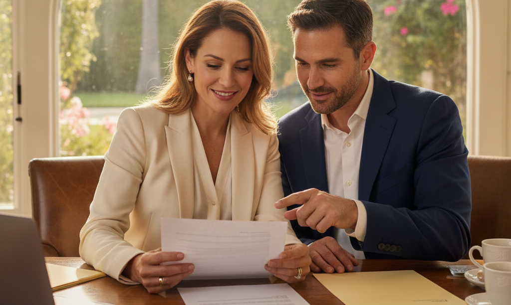 Couple reviewing iQRATE Mortgages jumbo loan documents.