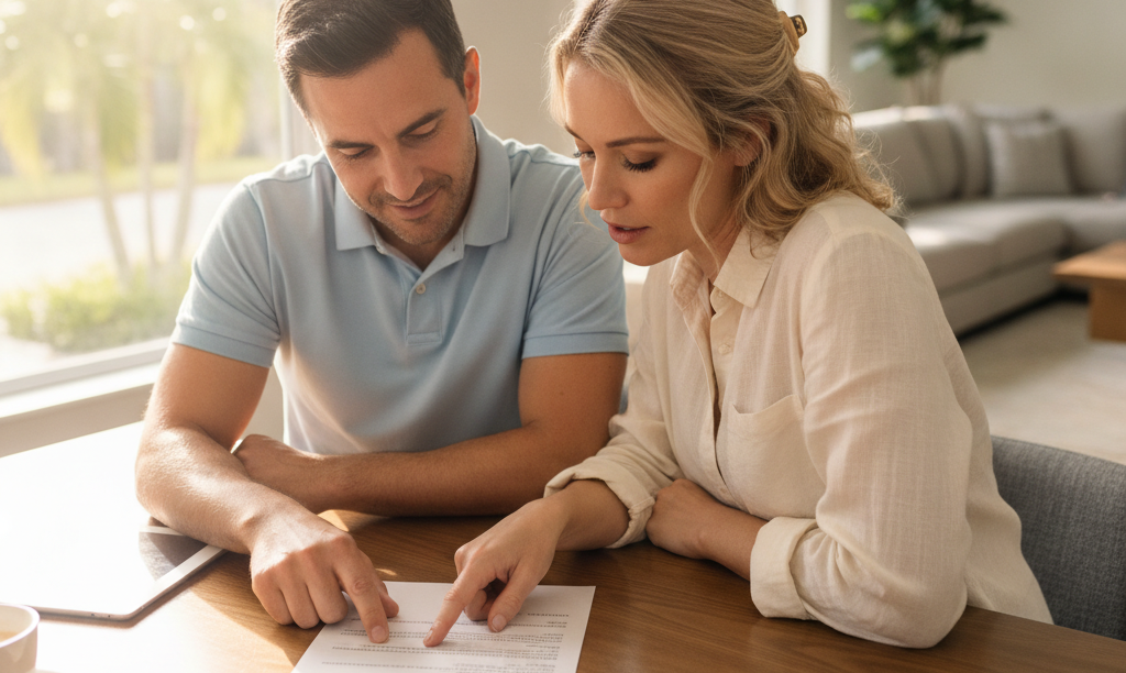 Couple seriously reviewing iQRATE Mortgages loan documents.