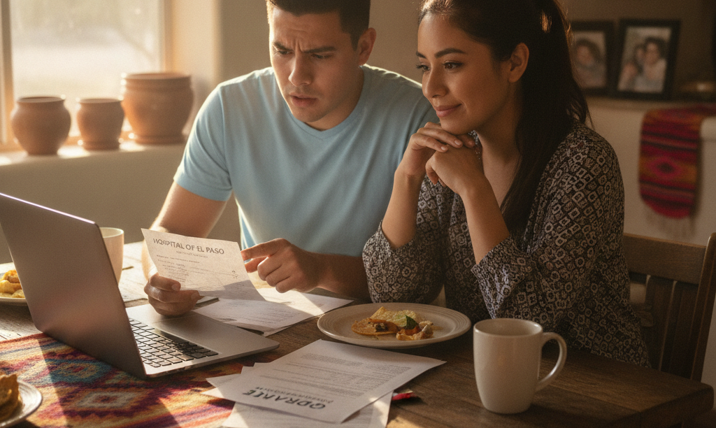 Couple reviews medical bills for FHA loan.