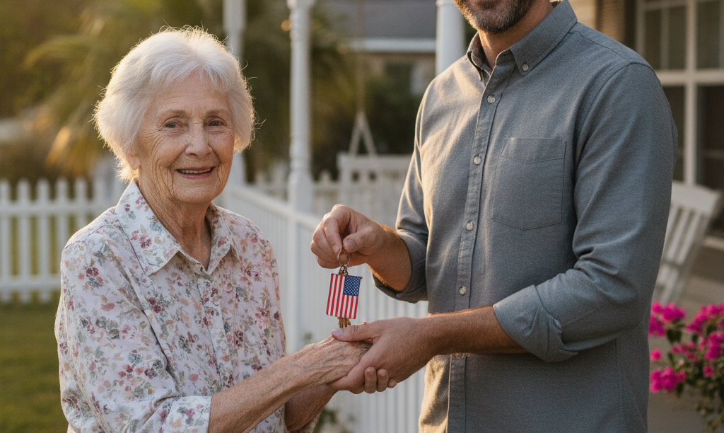 Veteran giving house keys to a parent.