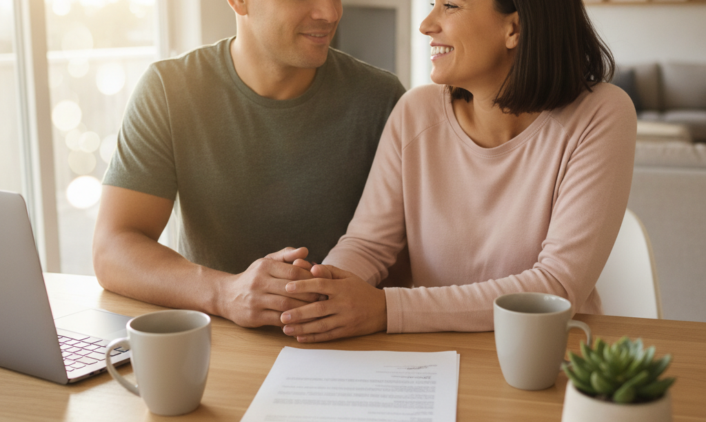 Happy diverse couple reviewing mortgage documents at home.
