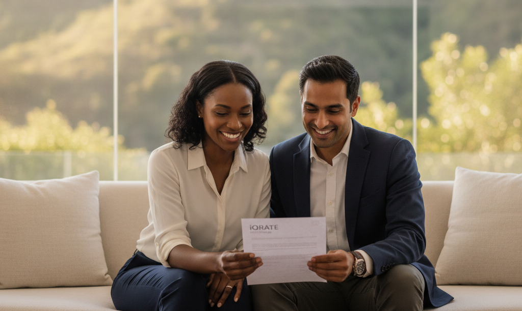Couple reviewing iQRATE Mortgages documents in home.