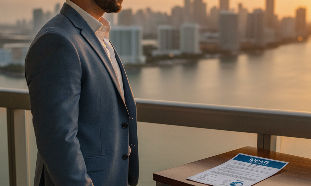 Investor considers Miami property with iQRATE Mortgages document.