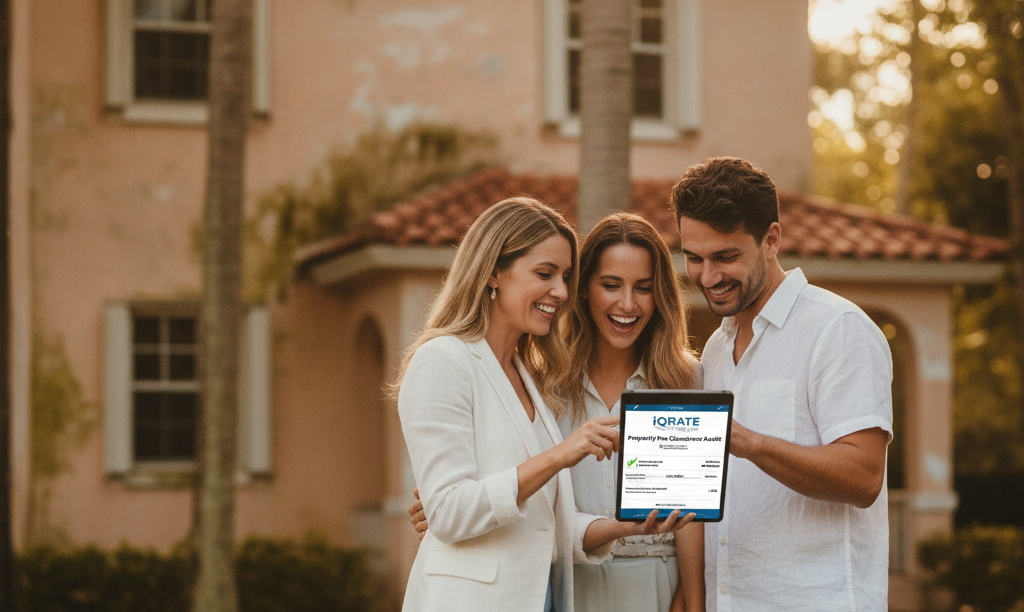 An agent showing clients a mortgage audit in Florida.
