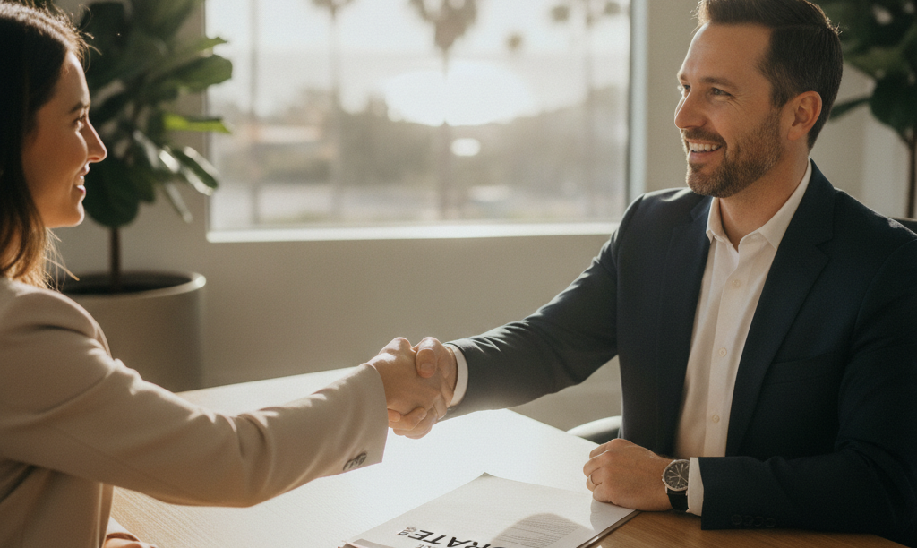 Loan officer and client shaking hands after closing.