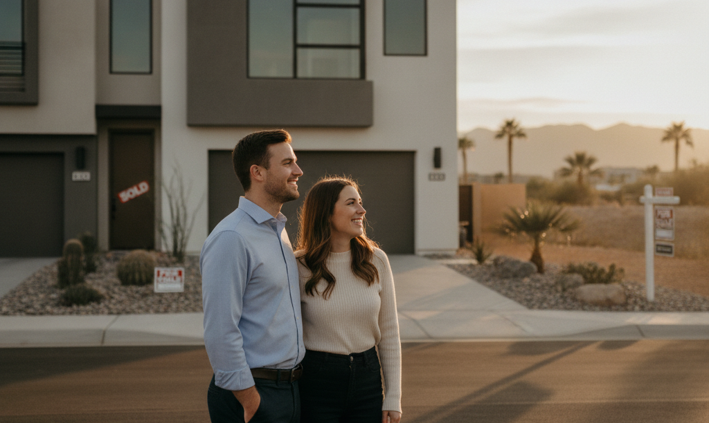 A young couple admiring their modern Nevada duplex.