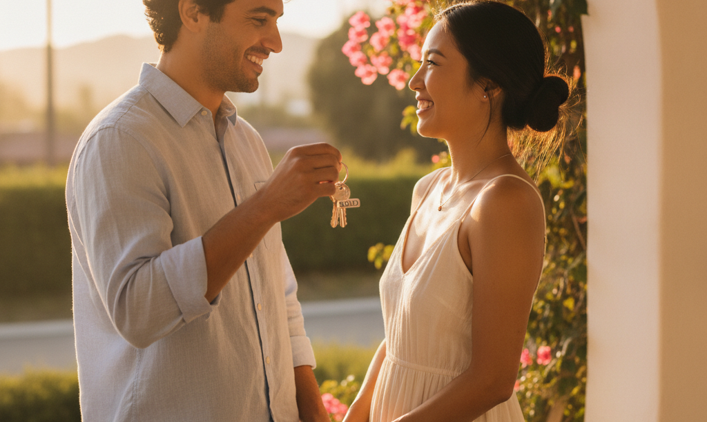 A happy couple receiving keys to their new Spanish-style home.