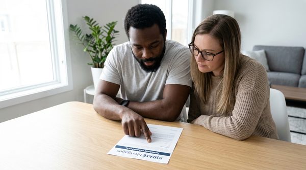A couple reviewing mortgage documents, comparing FHA MIP vs conventional PMI.