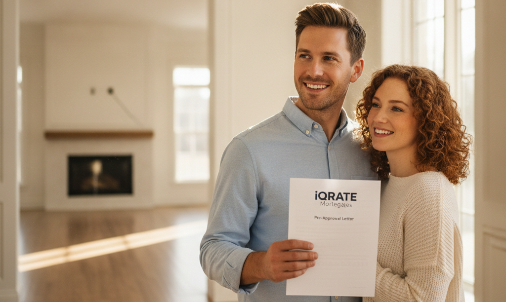 A confident couple holds their iQRATE Mortgages pre-approval.