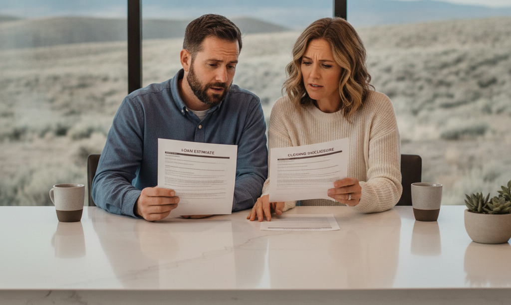 Couple reviewing higher than estimated mortgage documents.