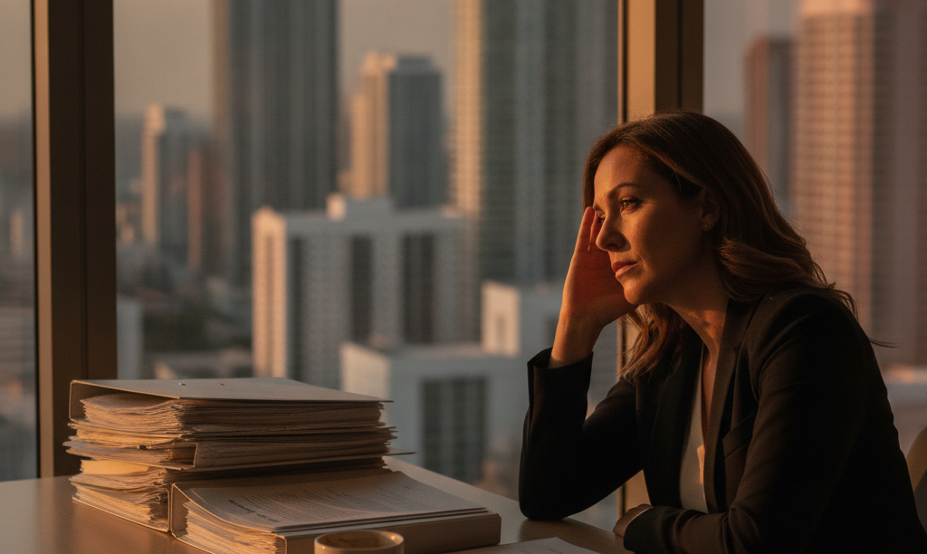 Stressed Florida real estate agent in Miami office.