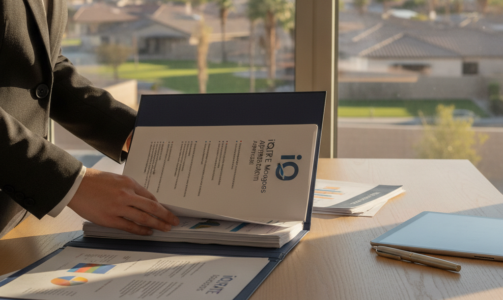 Loan officer systematizing an appraisal packet in Las Vegas.