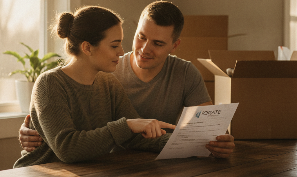 Military couple reviewing iQRATE Mortgages VA loan pre-approval.