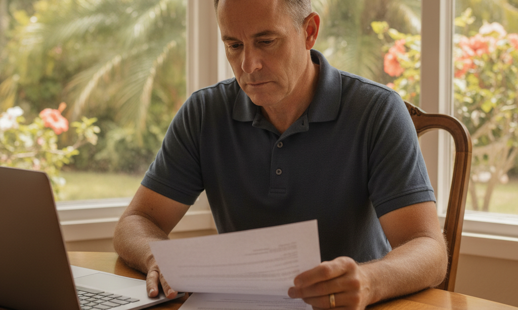 Veteran homeowner thoughtfully reviewing iQRATE Mortgages refinance options.