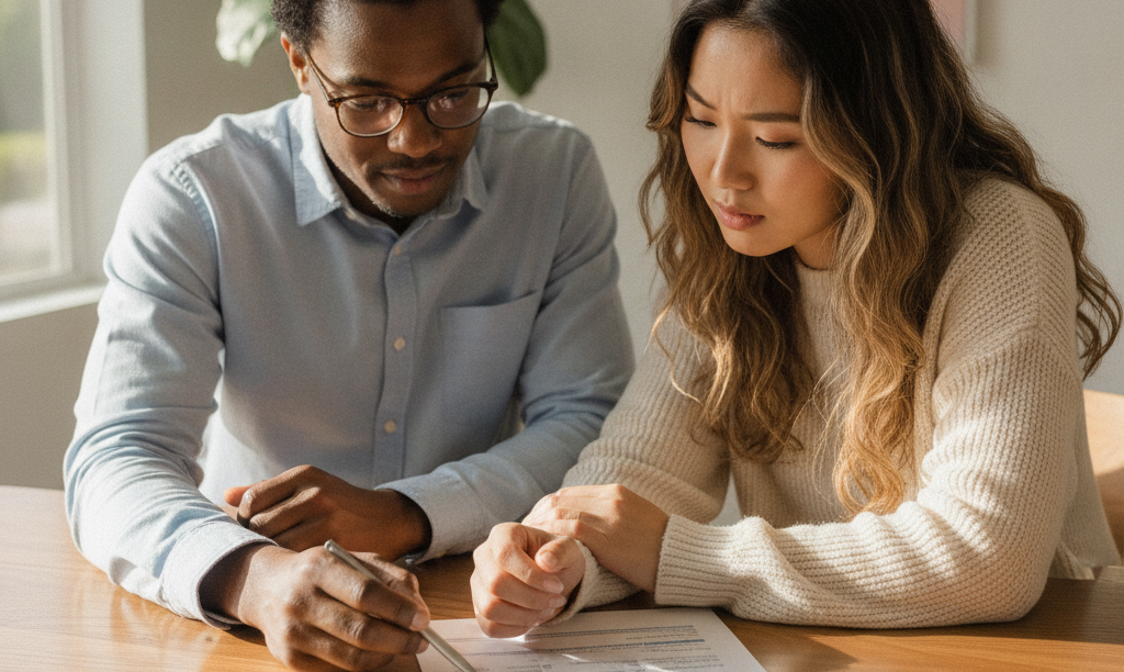 Couple reviewing iQRATE Mortgages loan options together.