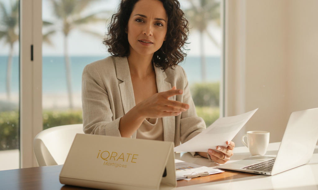 Self-employed professional reviewing iQRATE Mortgages documents in Florida.