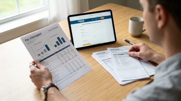 A calculator and bank statements illustrating the income calculation process for a mortgage.