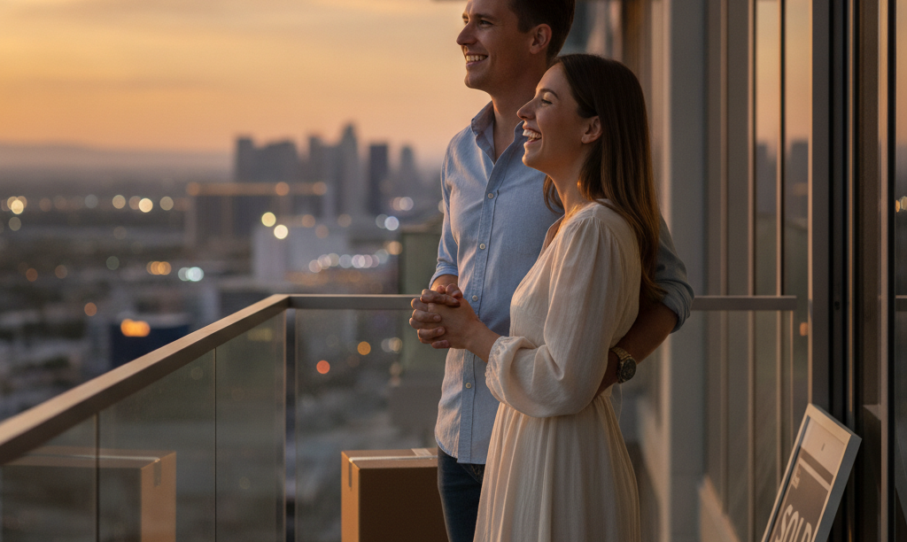 Couple on a Las Vegas condo balcony.