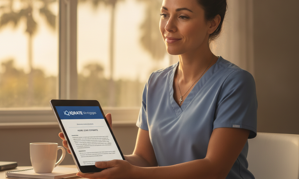 Nurse reviewing iQRATE Mortgages information at home.