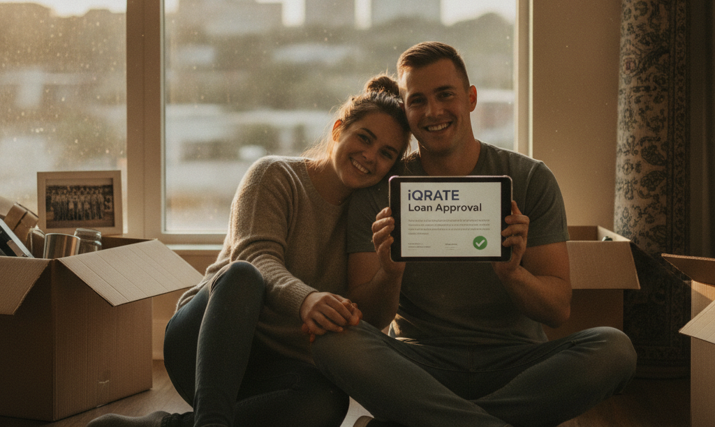 Couple reviewing iQRATE Mortgages approval in new home.