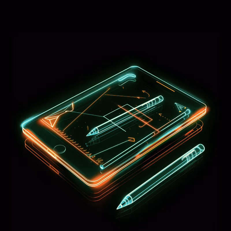 Neon-Leuchtendes 3D-Modell eines Smartphones mit zwei Stiften, das Designskizzen und Linien auf dem Bildschirm zeigt.