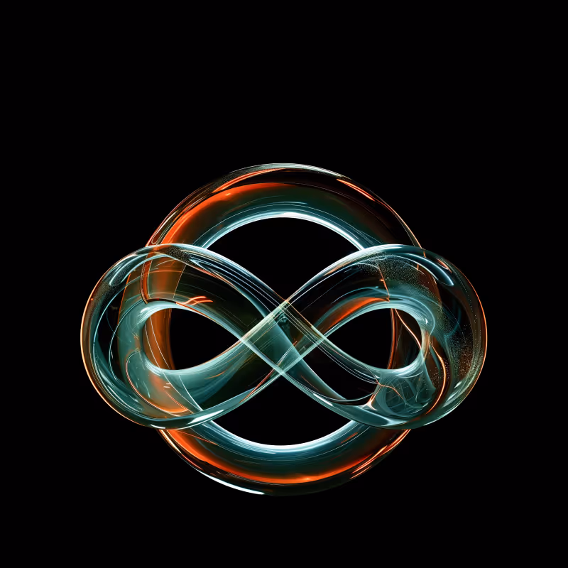 Abstrakte, transparente Glasform in Form einer unendlichen Schleife mit leuchtenden orangefarbenen und grünen Akzenten vor schwarzem Hintergrund.