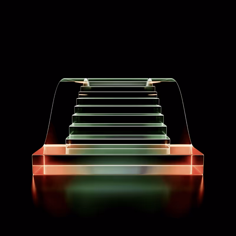 Transparente, moderne Treppe mit sanfter grüner und oranger Beleuchtung vor schwarzem Hintergrund.