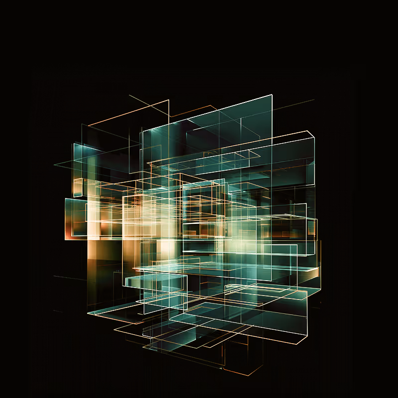 Abstrakte digitale Illustration eines verschachtelten, transparenten 3D-Strukturwürfels mit leuchtenden Kanten auf schwarzem Hintergrund.