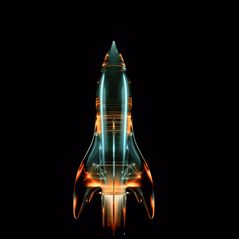Transparente, futuristische Rakete mit orangefarbenen Leuchteffekten vor schwarzem Hintergrund.
