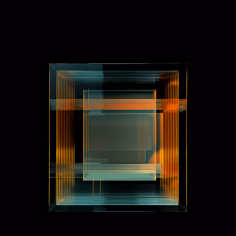 Abstrakte, transparente Glasstruktur mit orangefarbenen und blauen Linien auf schwarzem Hintergrund.