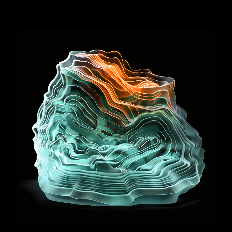 Abstraktes, transparentes Glas-Topografie-Schichten in Blau- und Orangetönen auf schwarzem Hintergrund.