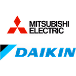 Logo combiné de Mitsubishi et Daikin, avec le symbole rouge de Mitsubishi au-dessus du texte bleu Daikin.