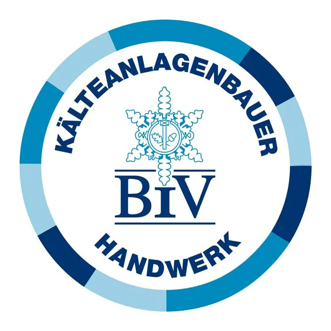 Rundes Logo mit mehrfarbigem blauen Rand, zentralem Schneeflocken-Symbol und Text Kälteanlagenbauer Handwerk sowie BiV in der Mitte.