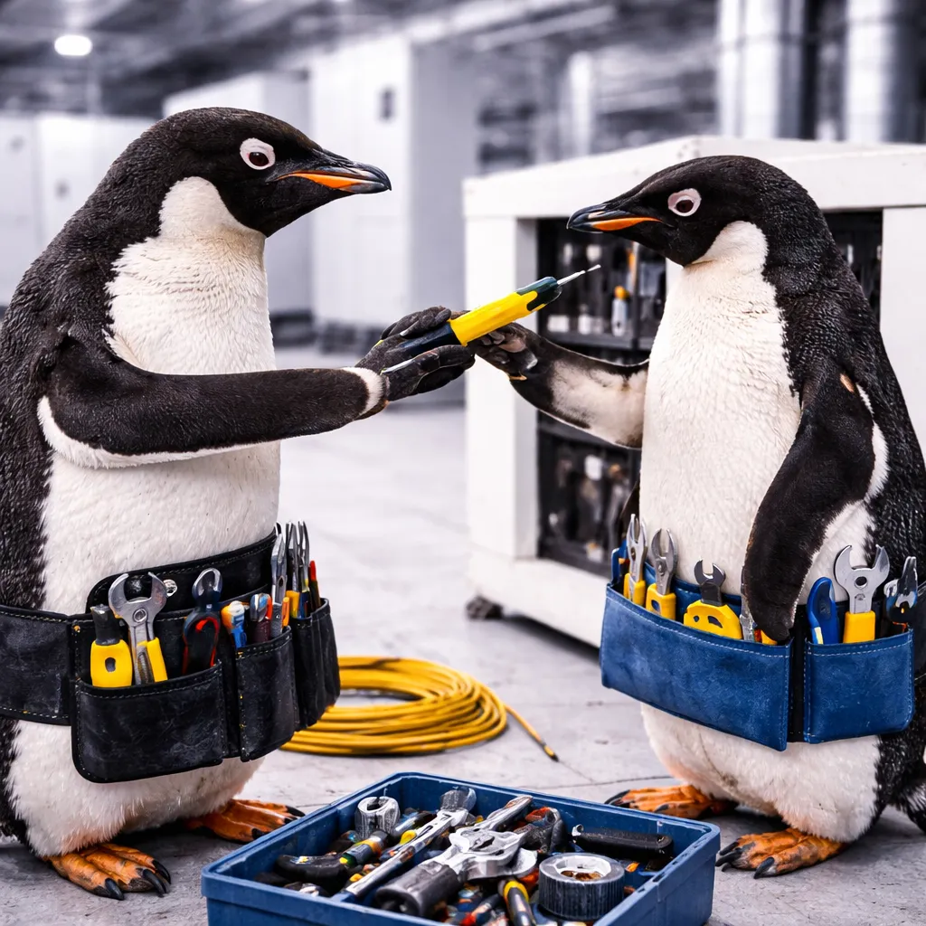 Zwei Pinguine tragen Werkzeuggürtel und reichen sich einen gelben Schraubenzieher in einer Werkstatt.